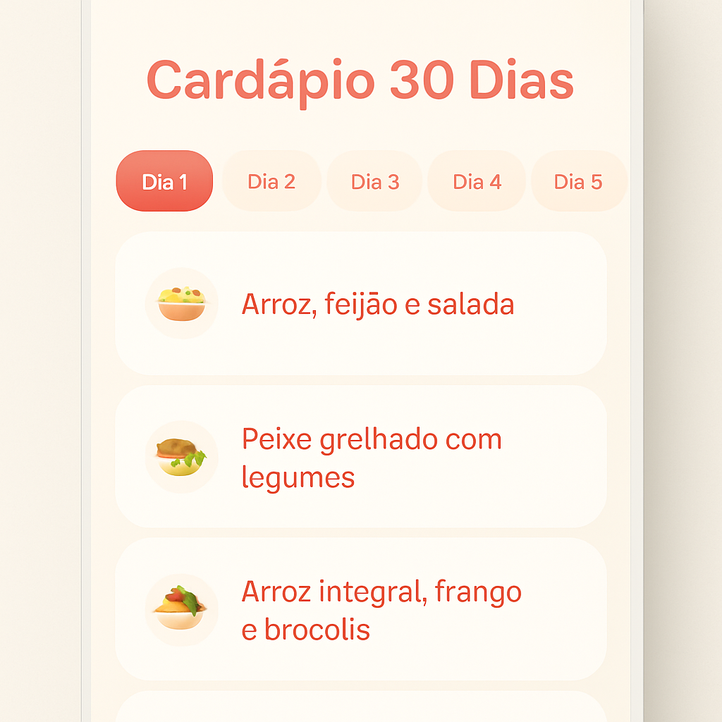 Tela do cardápio de 30 dias no app